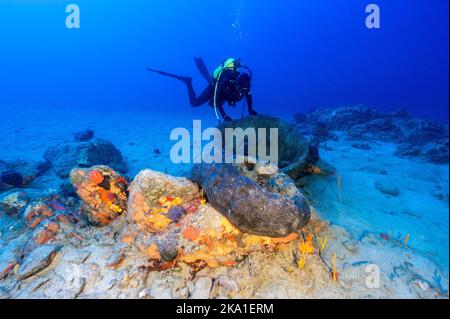 Biologi marini che ispezionano spugne giganti di 40-50 anni in Gokova Bay Marine Protected Area Turchia Foto Stock