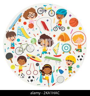 Design sportivo Concept con bambini divertenti Illustrazione Vettoriale