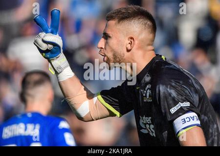 Guglielmo Vicario di Empoli FC reagisce durante la Serie A una partita di calcio tra Empoli FC e Atalanta BC allo stadio Carlo Castellani di Empoli (Italia) Foto Stock