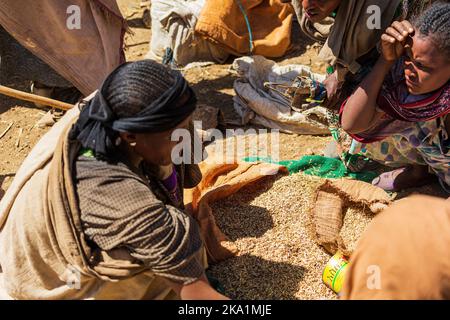 EMFRAZ, ETIOPIA - 17 GENNAIO 2022: Donna etiope che cerca di comprare orzo al mercato locale di Emfraz vicino al lago Tana. Foto Stock