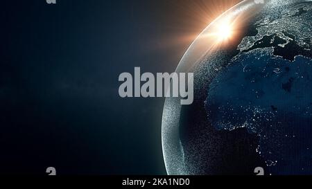 Globo terrestre di notte circondato dal rumore digitale, illustrazione tecnologica futuristica del mondo digitale con effetti di luce sulla galassia Foto Stock