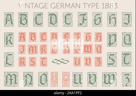 Caratteri vintage, carattere, alfabeto maiuscoletto. Per etichette e modelli di tipo diverso. Dalla fonderia tedesca di tipo Genzsch e Heyse fondata nel 1833. Illustrazione Vettoriale