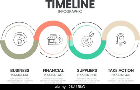 Modello di layout dei diagrammi delle tempistiche dei progetti aziendali per la presentazione delle diapositive. Infografica sulle mappe dei percorsi dei clienti. La tempistica creativa dell'azienda elabora i processi WIT Illustrazione Vettoriale