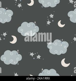 Simpatico modello infantile semplice e senza cuciture per bambini con nuvole carine e stelle in stile scandinavo. Modello del bambino con le nuvole. Design in tessuto. Illustrazione Vettoriale
