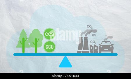 Concetto di neutralità del carbonio. Riduzione dell'anidride carbonica. Equilibrio delle emissioni di gas CO2 con il carbonio assorbito dagli alberi e la tecnologia di cattura del carbonio. CO2 Foto Stock