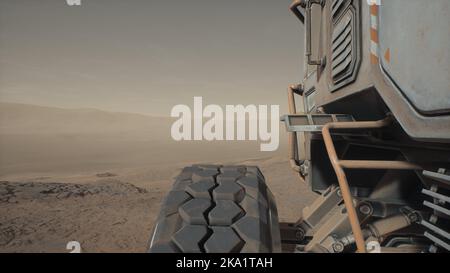 Rover collezionista di risorse sul pianeta Marte. Conquista di altri mondi. Rover sta guidando attraverso una valle deserta di Marte. illustrazione 3d Foto Stock