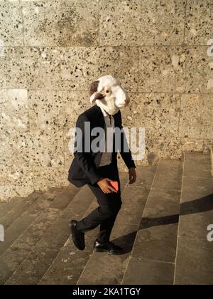 un giovane uomo d'affari premuroso sale le scale con il telefono in mano Foto Stock