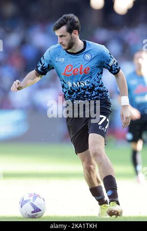 Khvicha Kvaratskhelia di SSC Napoli durante la Serie Una partita di calcio tra SSC Napoli e US Sassuolo allo stadio Diego Armando Maradona di Napoli ( Foto Stock