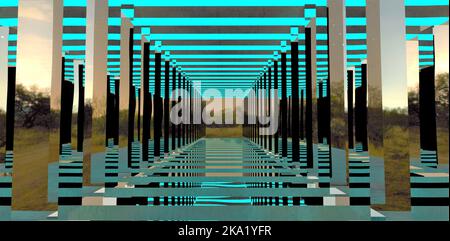 astrazione architettonica. Colonne in vetro speculare. Illuminazione dall'alto con luce turchese. Vista da un edificio futuristico sulla foresta serale. Foto Stock