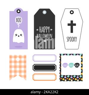 Happy Halloween stampa set di cancelleria. Collezione di tag regalo creepy. Modelli di etichette originali da stampare e tagliare. Illustrazione vettoriale, design piatto Illustrazione Vettoriale