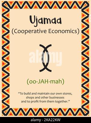 Una carta con uno dei principi Kwanzaa. Simbolo Ujamaa significa economia cooperativa in Swahili. Poster con segno e descrizione. Patt etnico africano Illustrazione Vettoriale