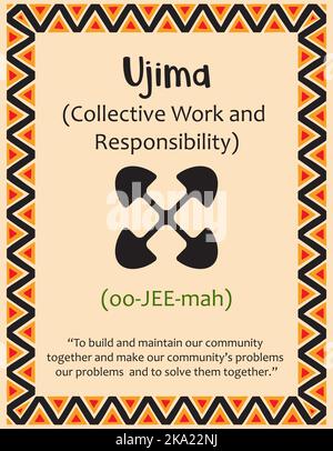 Una carta con uno dei principi Kwanzaa. Simbolo Ujiima significa lavoro collettivo e responsabilità in Swahili. Poster con segno e descrizione. Etnico Illustrazione Vettoriale