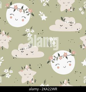 Simpatico modello infantile semplice e senza cuciture per bambini con belle lune e stelle in stile scandinavo. Baby pattern con cielo notturno. Design in tessuto. Illustrazione Vettoriale