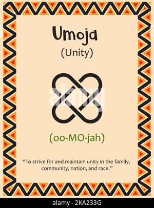 Una carta con uno dei principi Kwanzaa. Simbolo Umoja significa unità in Swahili. Poster con segno e descrizione. Modello etnico africano nella tradizione Illustrazione Vettoriale