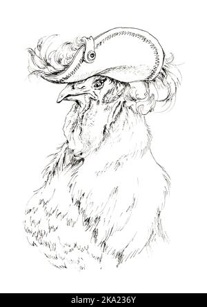 Gallo generale. Disegno comico di un gallo pomposo che indossa un cappello con una piuma. Illustrazione con inchiostro disegnato a mano. Foto Stock