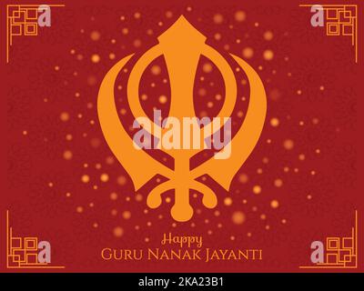 Happy Guru Nanak Jayanti Gurpurab Poster Illustrazione vettoriale. Design grafico ornamentale Khava dorato e rosso. Post sui social media, sito Web, celebrazione Illustrazione Vettoriale