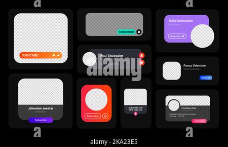 Grande set di Subcribe Notification Illustrations.d concetto di interfaccia utente Social Media in Design minimalista. Spazio vuoto per aggiungere l'icona e il nome del profilo utente. Pulsante Iscriviti. Elemento Web per applicazioni mobili. Illustrazione vettoriale Illustrazione Vettoriale
