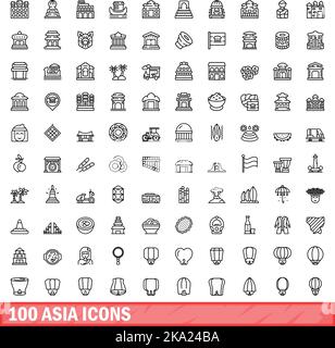 100 set di icone asiatiche. Illustrazione di 100 icone asiatiche set di vettori isolati su sfondo bianco Illustrazione Vettoriale