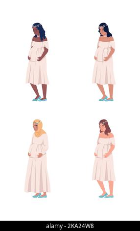 Allegro donne incinte semi piatto colore vettore caratteri set Illustrazione Vettoriale