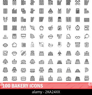 set di 100 icone per panetteria. Illustrazione di 100 icone da forno set vettoriale isolato su sfondo bianco Illustrazione Vettoriale