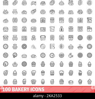 set di 100 icone per panetteria. Illustrazione di 100 icone da forno set vettoriale isolato su sfondo bianco Illustrazione Vettoriale