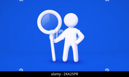 3d uomo cartoon bianco che tiene una grande lente d'ingrandimento. Analizzare il concetto. Sfondo blu isolato. Illustrazione vettoriale Illustrazione Vettoriale