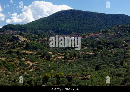 Il villaggio di montagna di Lafonas, Lesbos del Nord, Isole dell'Egeo del Nord, Grecia. Foto Stock