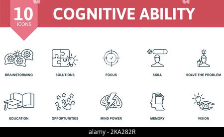 Set di icone capacità cognitiva. Monocromatico semplice capacità cognitiva raccolta di icone. Brainstorming, soluzioni, concentrazione, abilità, risolvere il problema, Istruzione Illustrazione Vettoriale