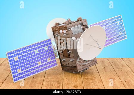Satellite sulle tavole di legno, 3D rendering Foto Stock