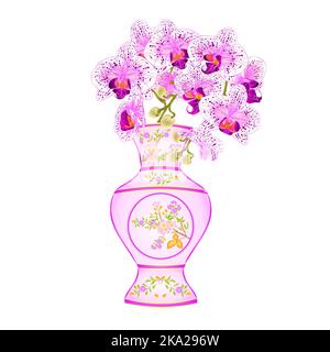 Phalenopsis orchidea bianco e viola in un vaso di porcellana con fiori e foglie vintage vettore illustrazione modificabile disegno a mano Illustrazione Vettoriale