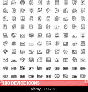 100 icone della periferica impostate. Illustrazione a linee di 100 icone del dispositivo set vettoriale isolato su sfondo bianco Illustrazione Vettoriale