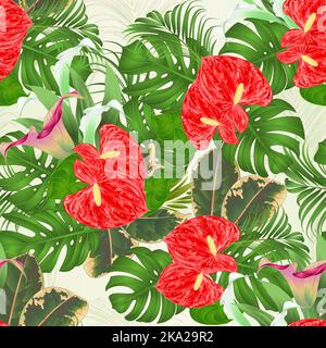 Texture senza cuciture profumo floreale con fiori tropicali con bella Cala ninfee e antanio, palma, filodendro e ficus vintage vecto Illustrazione Vettoriale