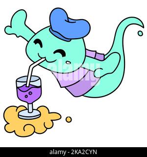 Un simpatico genio di cartoni animati verdi che beve una bevanda viola Illustrazione Vettoriale