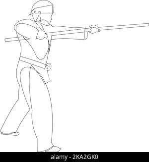 Disegno continuo della linea di kung fu di pratica del monaco di shaolin usando il personale lungo. Tradizionale concetto di sport combattivo cinese. Illustrazione vettoriale Illustrazione Vettoriale