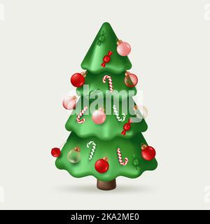 Albero di Natale, palle di vetro decorate e caramelle. Illustrazione vettoriale in stile cartone animato 3D Illustrazione Vettoriale