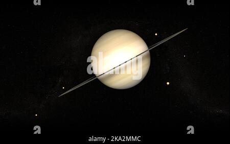 Vista del pianeta Saturno con anelli e lune. Esplorazione del pianeta. Sistema solare. rendering 3d Foto Stock