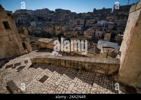 Vista panoramica sul quartiere di Sasso Barisano a Matera Foto Stock