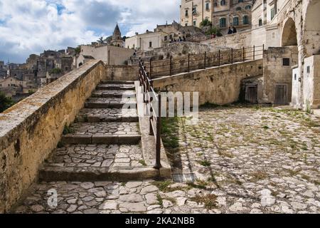 Vista panoramica sul quartiere di Sasso Barisano a Matera Foto Stock