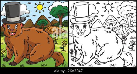 Groundhog con Top Hat colorazione pagina Illustrazione Illustrazione Vettoriale