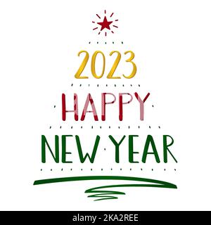 2023 felice anno nuovo scritta a mano, moderna calligrafia inchiostro pennello. Un albero di Natale è fatto dei numeri, del testo e della stella. Rosso, verde e oro. Illustrazione Vettoriale