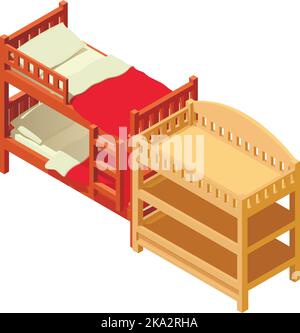 Bambino mobili icona vettore isometrico. Letto a due piani e tavolo in legno. Mobili per bambini, elementi interni Illustrazione Vettoriale