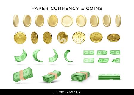Set di 3D monete d'oro e carta verde. Wad di dollari verdi per le bandiere e i concetti di affari. Denaro realistico in stile cartoon. Vettore Illustrazione Vettoriale