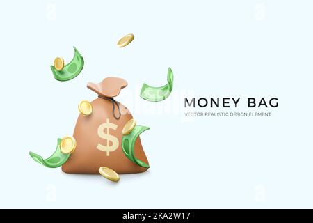3D borsa con simbolo del dollaro e cadente valuta di carta verde e monete d'oro. Banner di business bancario e finanziario. Illustrazione vettoriale Illustrazione Vettoriale