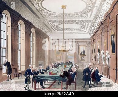 Il Collegio dei Medici. Circa 1808. Dopo un lavoro di August Pugin e Thomas Rowlandson nel microcosmo di Londra, pubblicato in tre volumi tra il 1808 e il 1810 da Rudolph Ackermann. Pugin era l'artista responsabile degli elementi architettonici nelle immagini del microcosmo; Thomas Rowlandson fu assunto per aggiungere le figure umane vivaci. Foto Stock