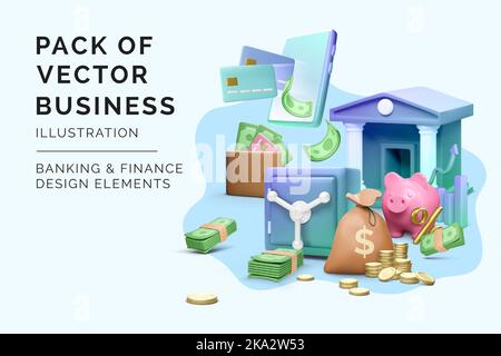 Set di 3D icone bancarie e finanziarie. Rendering di oggetti business in stile cartone animato realistico. Investimento e successo elemento di progettazione. Illustrazione vettoriale Illustrazione Vettoriale