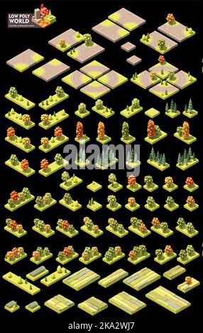 Set di creazione mappa mondiale isometrica vettoriale. Elementi mappa combinabili. Alberi diversi, elementi stradali, serra Illustrazione Vettoriale