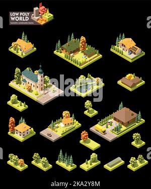 Set di creazione mappa mondiale isometrica vettoriale. Elementi mappa combinabili. Edifici e case di piccole città o villaggio, edificio della chiesa, stagno, lago, alberi Illustrazione Vettoriale