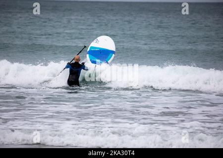 Portreath, Cornovaglia, 31st ottobre 2022, su Halloween a Portreath, Cornovaglia. I surfisti si sono divertiti a cavalcare le onde, mentre le famiglie hanno fatto una passeggiata lungo la spiaggia e hanno anche camminato per i loro cani. Le previsioni meteo sono per il 14C, docce a pioggia leggere e venti moderati per il resto della giornata.Credit: Keith Larby/Alamy Live News Foto Stock