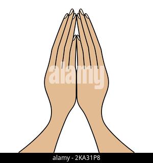 Mani piegate in preghiera. Le palme stanno puntando in su. Le dita si toccano. Preghiera a tavola prima dei pasti il giorno del Ringraziamento. Stile cartone animato. Illustrazione Vettoriale