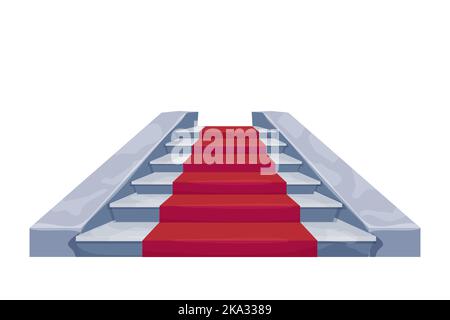 Pietra elegante scale castello interno fata con moquette rossa, oggetto medievale in stile cartone isolato su sfondo bianco. Risorsa per il gioco dell'interfaccia utente, costruzione di interni, palco. Illustrazione vettoriale Illustrazione Vettoriale